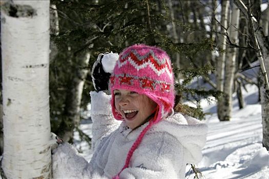 女孩,投掷,雪球,粉色,羊毛帽