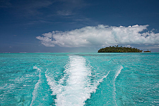 库克群岛,艾图塔基岛,船,尾流,浅,清晰,蓝色泻湖,岛屿,远景,大幅,尺寸