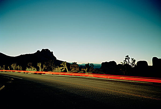 沙漠公路,黄昏,红色,汽车,尾灯,树,国家公园,加利福尼亚