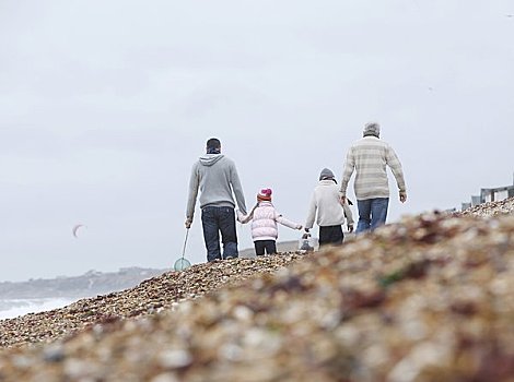 家人,漫步,海滩