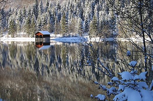 船库,冬天,瓦尔幸湖,上巴伐利亚,巴伐利亚,德国