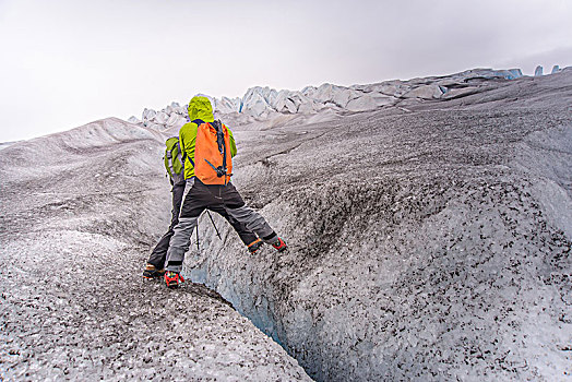两个人,攀登,冰河,后视图,格陵兰