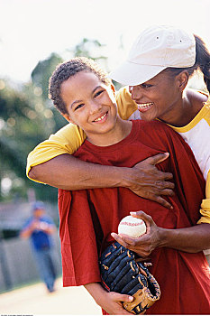 肖像,母亲,儿子,玩,棒球