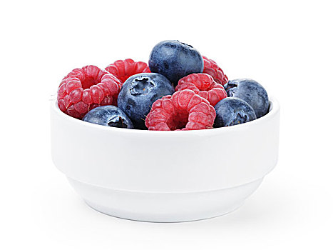 大,成熟,蓝莓,树莓,白色,碗,隔绝,白色背景