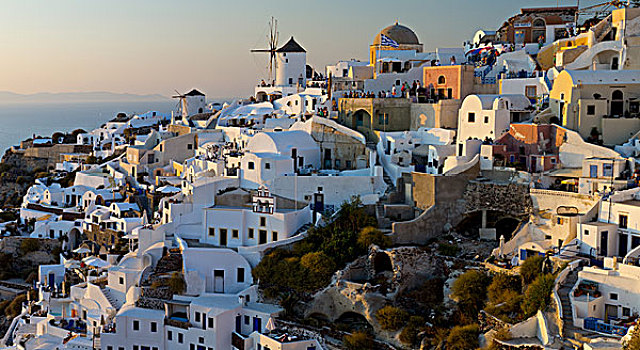 风车,锡拉岛,希腊,山顶,城镇,刷白,房子,日落