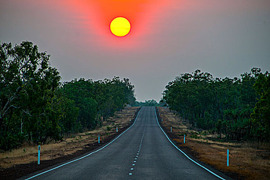 日落,高处,道路,卡卡杜国家公园,北领地州,澳大利亚,大洋洲