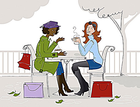 插画,两个女人,咖啡