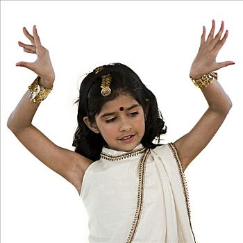 女孩,8-9岁,穿,传统,纱丽,表演,传统舞蹈,棚拍