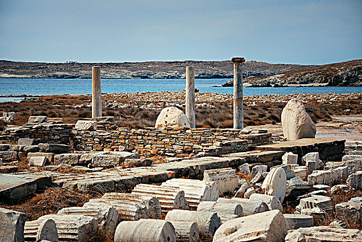 柱子,历史,遗址,得洛斯,岛屿,靠近,米克诺斯,希腊