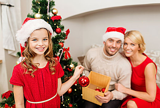 家庭,圣诞节,圣诞,高兴,人,概念,微笑,圣诞老人,帽子,装饰,圣诞树