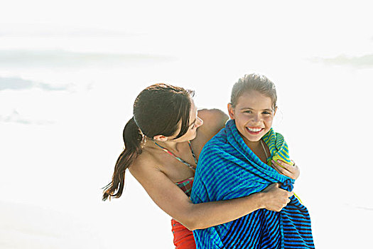 母亲,女儿,毛巾,海滩