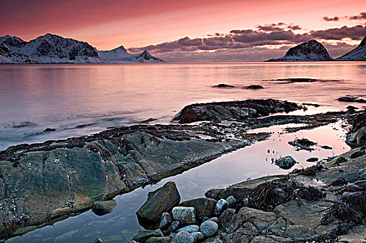 日落,靠近,湾,岛屿,罗浮敦群岛,北方,挪威,欧洲