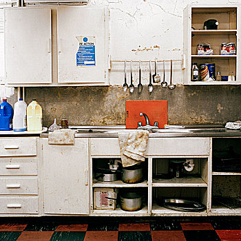 肮脏,老,厨房,红色,黑色,一致,地面,污秽,抹布