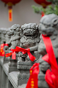 中国,上海,玉佛寺,石狮,雕塑,红丝带