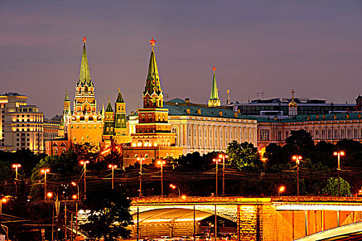 克里姆林宫,塔,桥,夜晚,莫斯科,俄罗斯