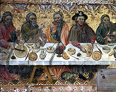 神圣,晚餐,描绘,木头,特写,门徒,左边