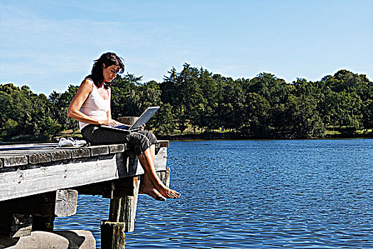 女人,笔记本电脑,码头,湖,瑞典
