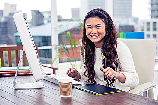 微笑,亚洲女性,数码,电脑,办公室
