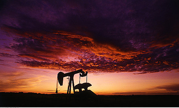 油田,石油井架,日落,靠近,德文郡,艾伯塔省,加拿大