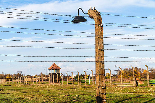 刺铁丝网,瞭望塔,围绕,奥斯威辛,集中营,波兰,欧洲