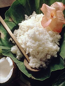 椰味米饭,米饭,烹饪,椰汁,绿叶