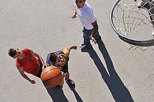 年轻,男孩,玩,篮球,户外,街上,长,影子,鸟,风景,远景