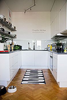 黑白,图案,地毯,木地板,白色,设计师,厨房