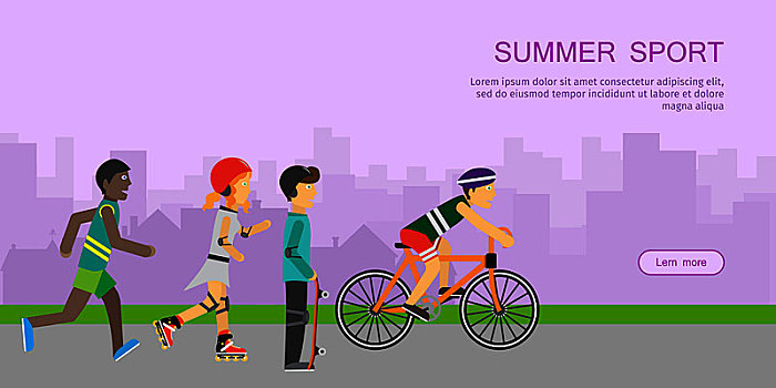 夏季运动,孩子,进入,运动,日落,旗帜,青少年,操场,城市,男孩,滑板,滑旱冰,人,自行车,跑步,动作,生活方式,概念,矢量,海报