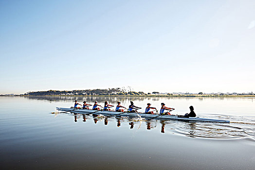 女性,划船,团队,短桨,平和,湖