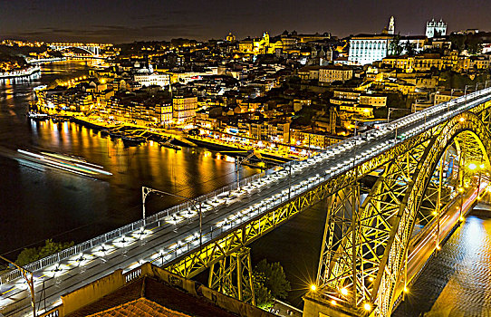 桥,拱桥,上方,杜罗河,欧洲,夜景,波尔图,葡萄牙