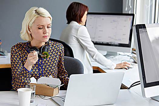 女性,设计师,看,笔记本电脑,工作午餐,办公室,书桌