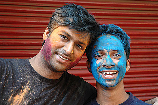 头像,两个,年轻,男人,彩色,节日,加尔各答,本地居民,享受,迟,二月,早,印度,2007年