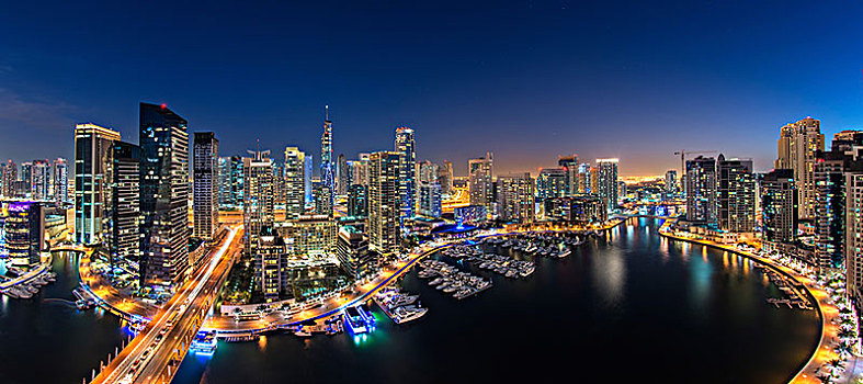 城市,迪拜,阿联酋,黄昏,光亮,摩天大楼,码头,前景