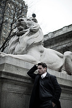 男人,狮子,雕塑,纽约公共图书馆