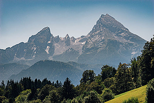 瓦茨曼山,山峰,朦胧,夏天,巴伐利亚阿尔卑斯山,德国