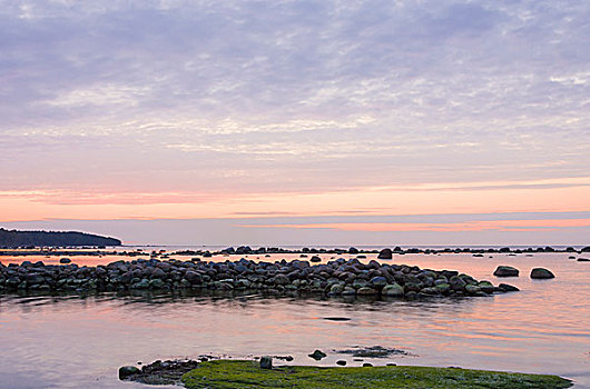 日落,海上,靠近,石头,海岸,鹅卵石,码头,海洋