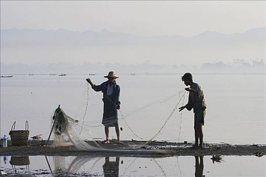 缅甸,曼德勒,阿马拉布拉,湖,男人,捕鱼,靠近