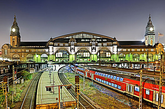 汉堡市,中心,车站,晚间,德国,欧洲