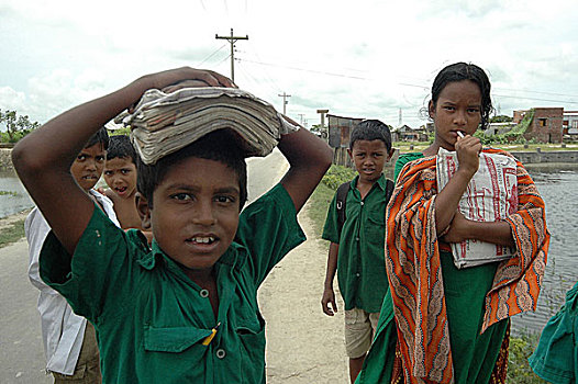 学生,道路,背影,家,达卡,孟加拉,七月,2005年