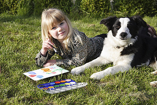 孩子,绘画,狗,花园
