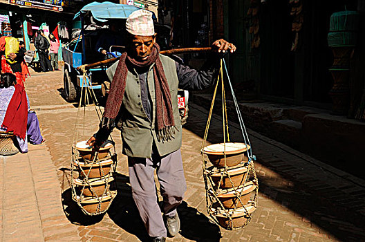 尼泊尔,加德满都,一个,男人,堆放,奶酪,平衡性,杆,肩扛