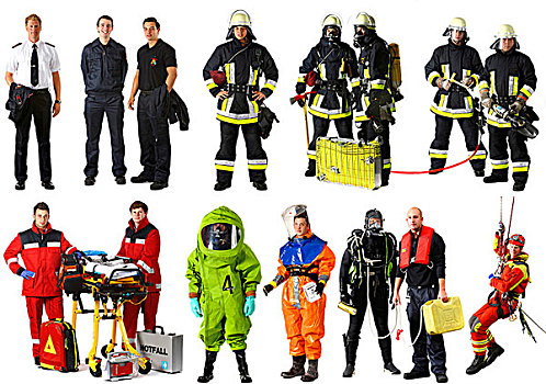 消防员,穿,不同,制服,化学品,防护,套装,护理人员,俯视,救援人员,水中呼吸器,潜水,疾病,控制