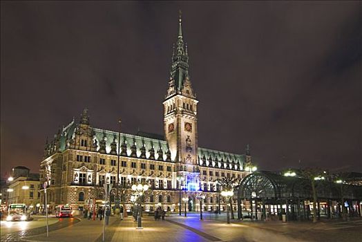 汉堡市,市政厅,夜晚,德国