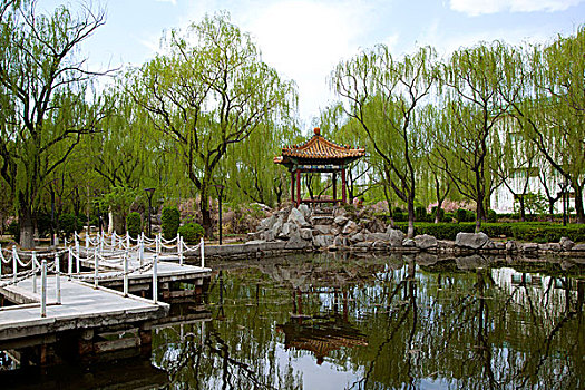 中國古典園林湖泊中的石板橋和涼亭