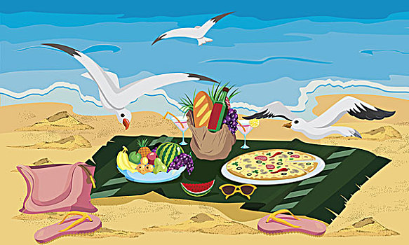 海鸥,尝试,盗窃,食物,左边,海滩