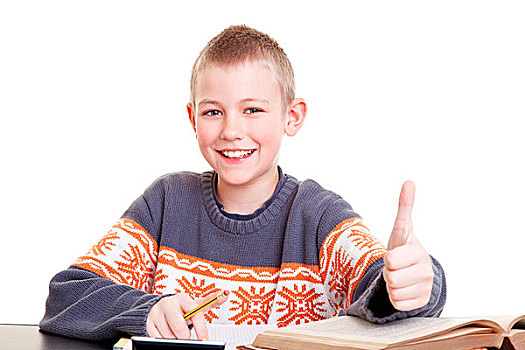 高兴,男孩,书桌,家庭作业,拿着,竖大拇指
