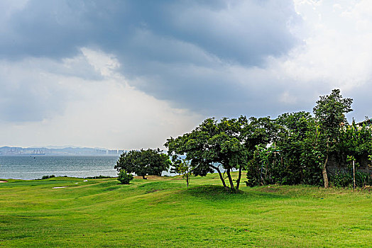 刘公岛的蓝天白云绿树草坪大海风光
