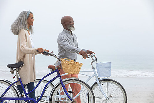 情侣,微笑,拿着,自行车,海滩