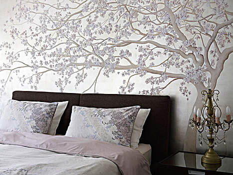 树,壁画,一对,卧室,协调,枕头,家,英国