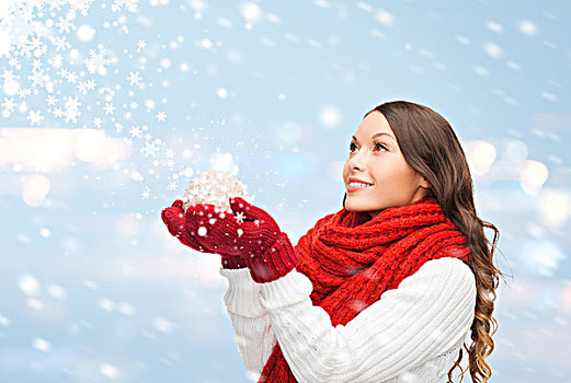 冬天,人,高兴,概念,女人,围巾,连指手套,圣诞球